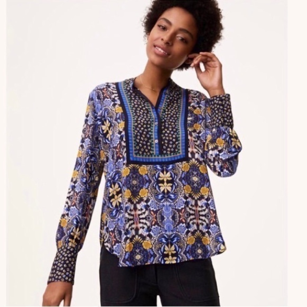 LOFT Floral Paisley Chiffon Blue and Yellow 1/2 Button Blouse Boho Summer MP